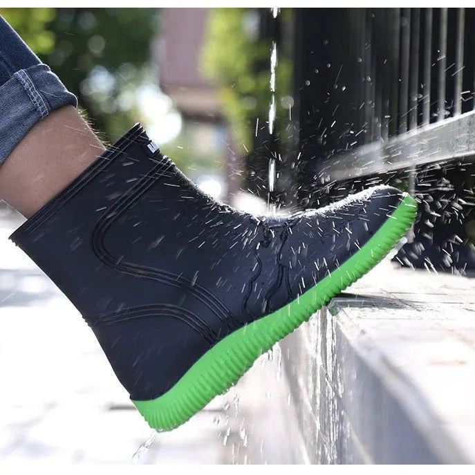 Men's waterproof mid-top rain boots with PVC upper and non-slip plastic sole in British style with tassel detail