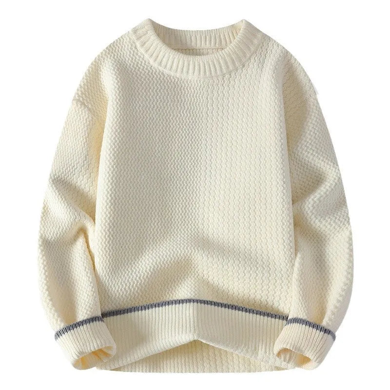 A grey men's loose round-neck pullover sweater with long sleeves on a hanger.