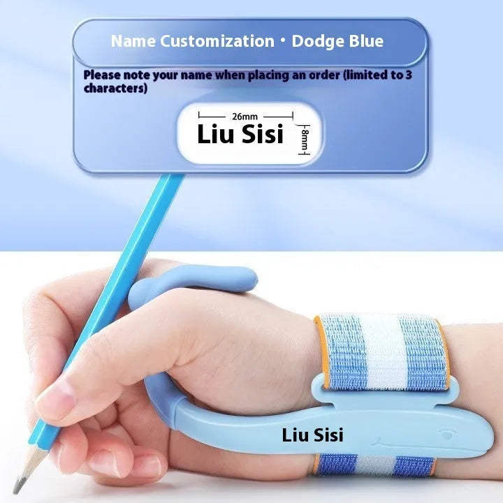 Blue anti-hook pen control corrector wrist brace on a child's hand holding a pencil.