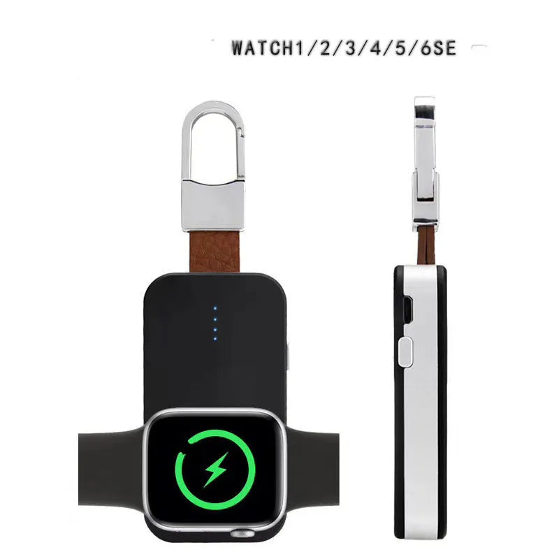 Black Apple Watch wireless keychain power bank showing compact size and charging surface.