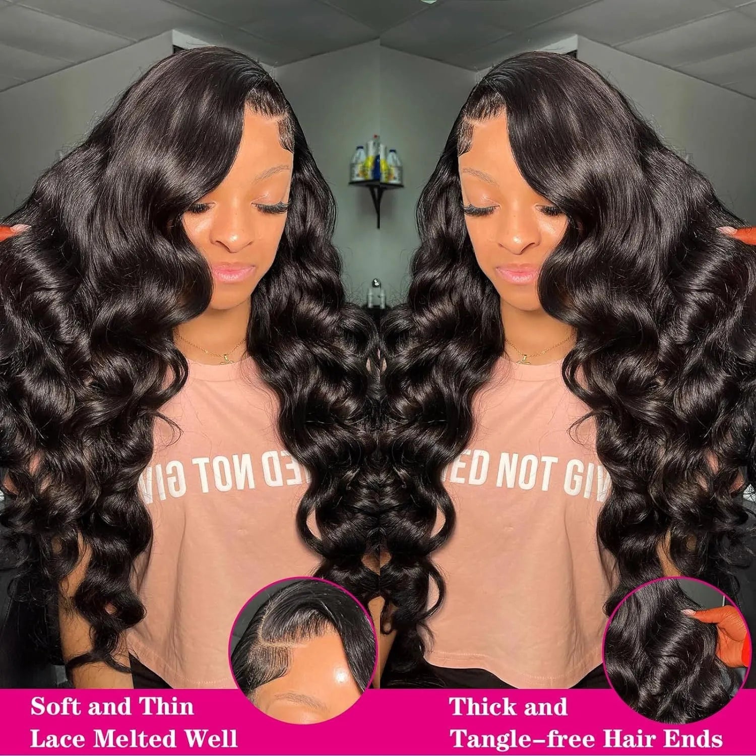 Black long curly synthetic wig with large waves, shown on a mannequin head