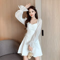 Women's white chiffon patchwork dress with waist-slimming design and long sleeves