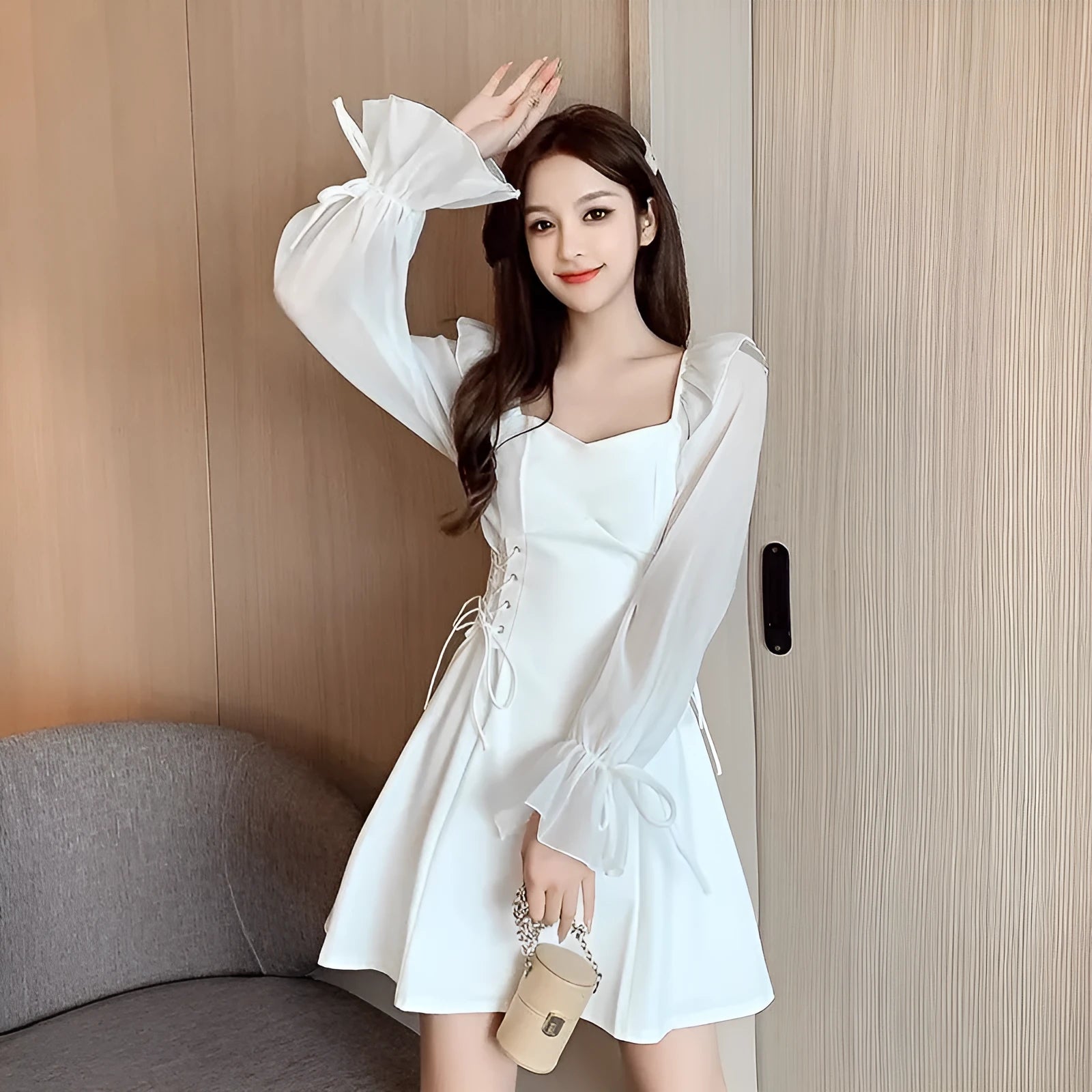Women's white chiffon patchwork dress with waist-slimming design and long sleeves