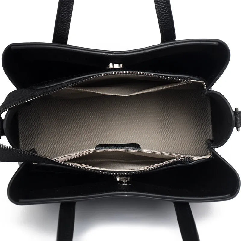 Women's genuine cowhide leather handbag in horizontal square shape with multiple internal compartments