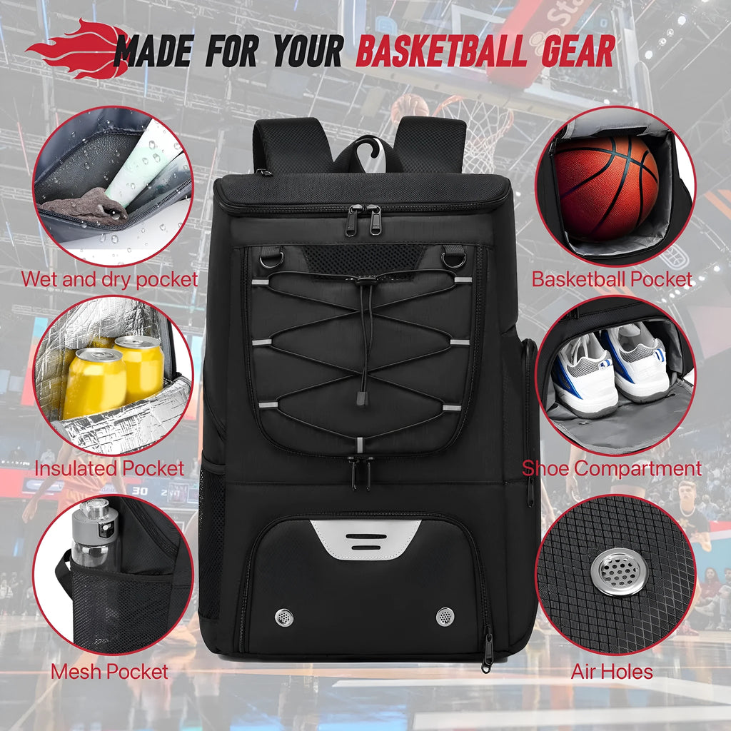 Black basketball training backpack with large 51cm capacity for sports equipment