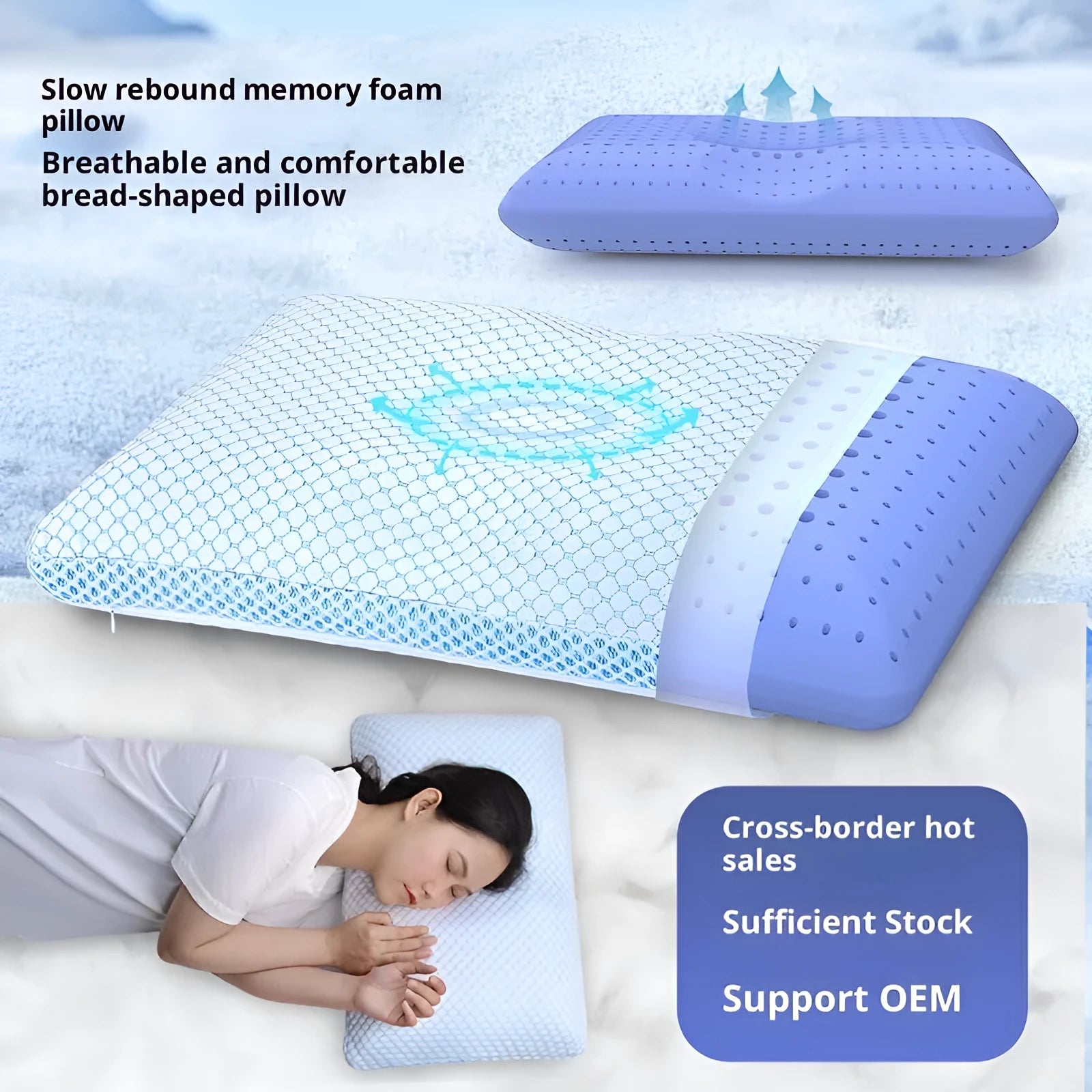 Household cervical memory foam pillow in size 63x36x13.5cm with ergonomic shape and air layer cover on bed