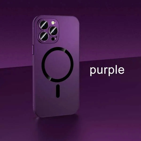 Aluminium alloy frame iPhone case with magnetic back and glass camera lens cover in dark purple colour