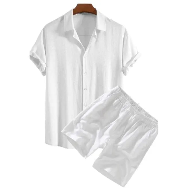 Men's solid colour casual shorts suit set with short-sleeved shirt and matching shorts on a hanger