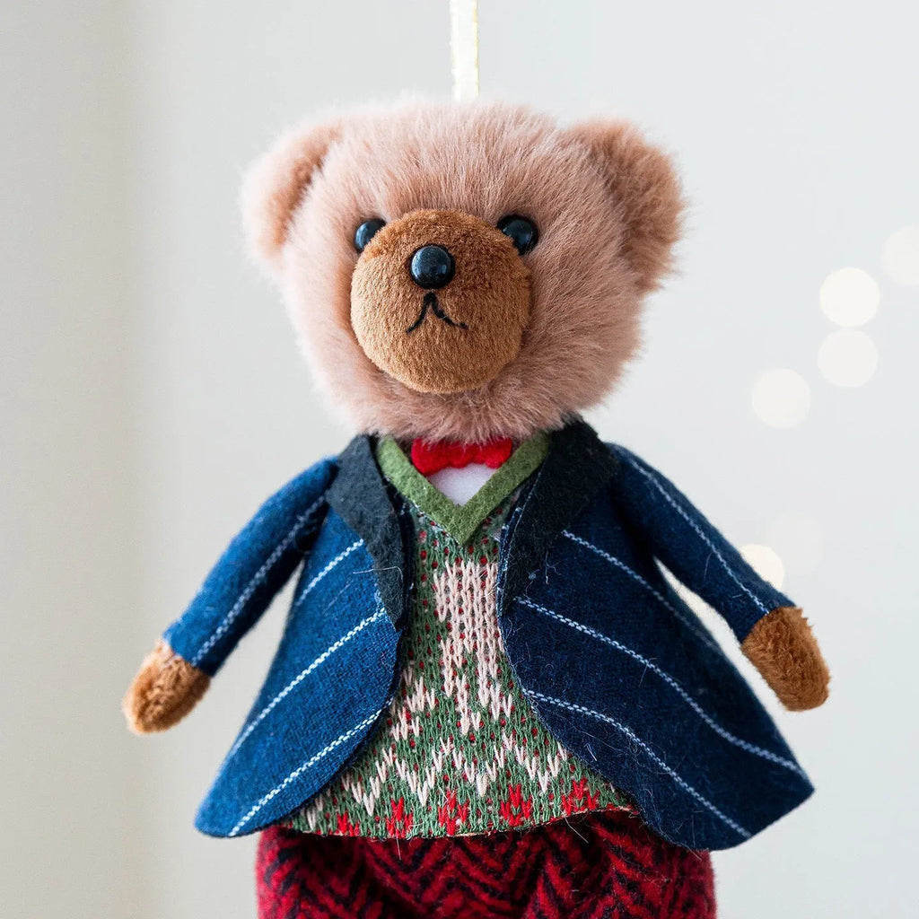 Soft cloth plush bear doll wearing a suit with plaid design, available in princess bear and gentleman bear colours.