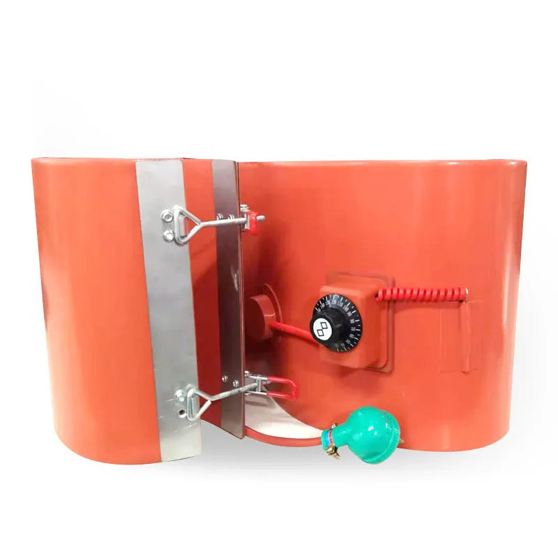 Silicone rubber heating belt wrapped around 200-litre oil drum with control panel