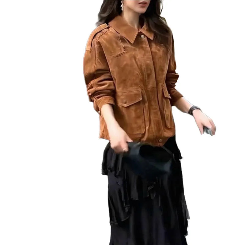 Women's bright brown polyester suede coat with regular sleeves, street chic style