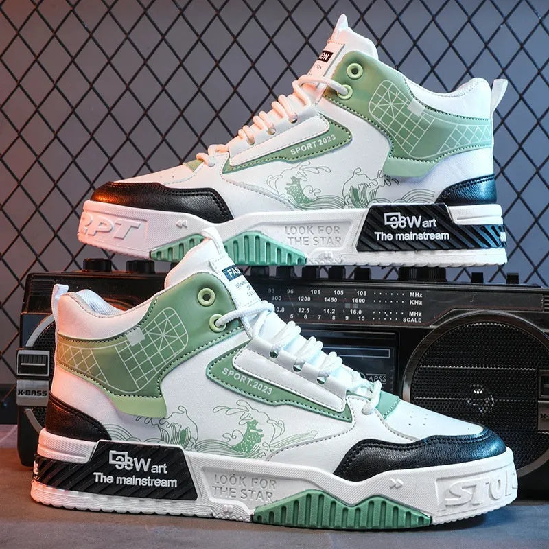 Men's high-top board shoes in beige with mesh lining and rubber sole