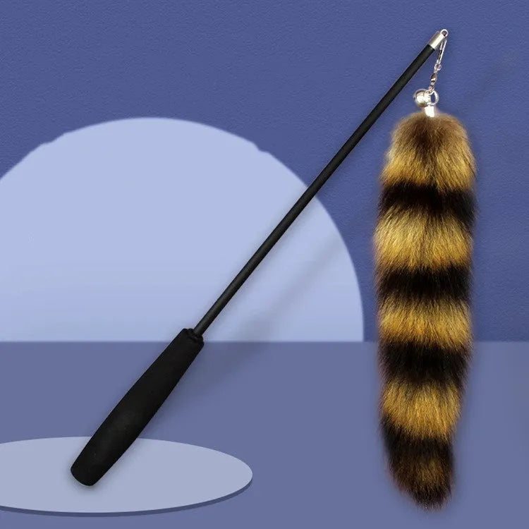 Black cat wand teaser with feather lure and extended elastic string for interactive play
