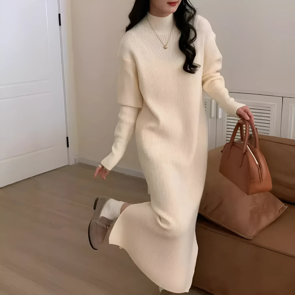 Women's high waist knitted dress in acrylic, long sleeve, mid-length skirt in graphite colour.