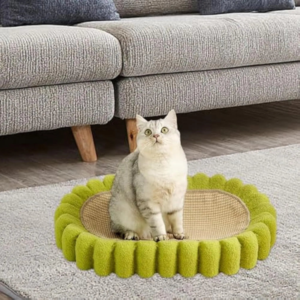 Green oval cat scratch pad bowl with sisal surface measuring 65cm