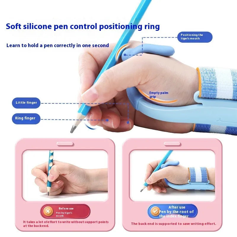 Blue anti-hook pen control corrector wrist brace on a child's hand holding a pencil.