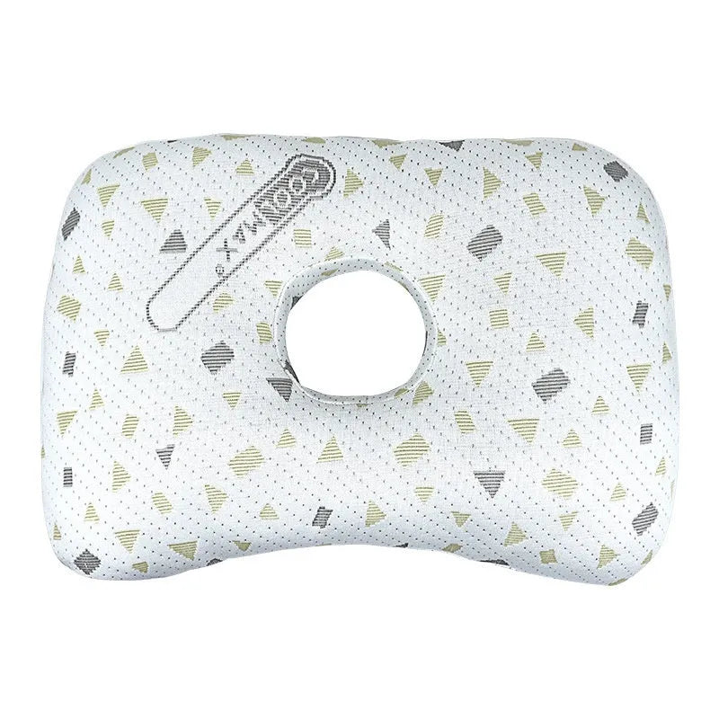 Beauty salon single hole ear pillow for adults in grey plaid pattern, showing dimensions.