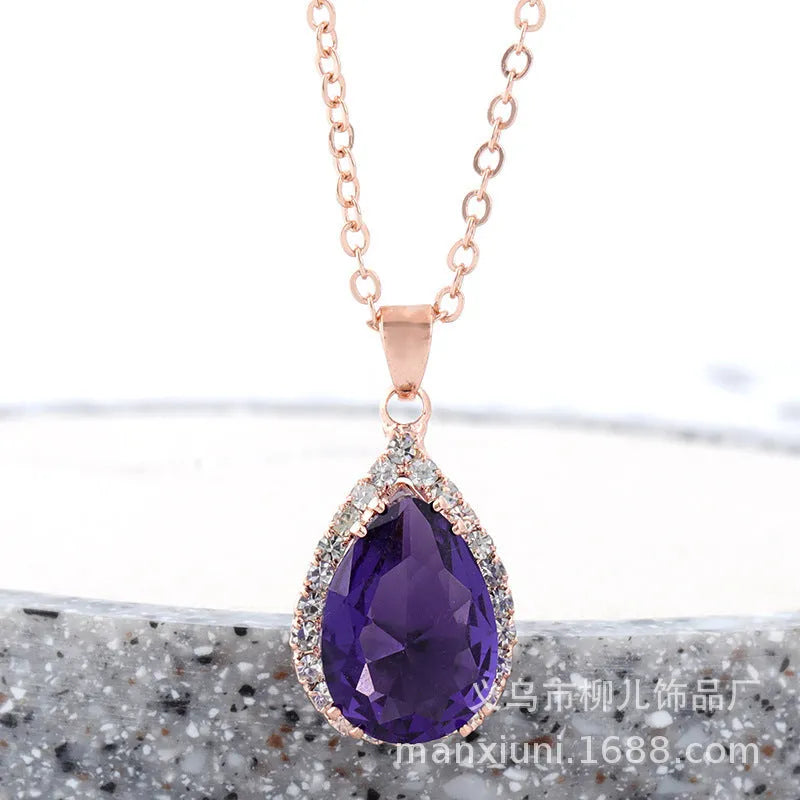 Women's rose gold rhinestone water drop necklace in pink colour with geometric design