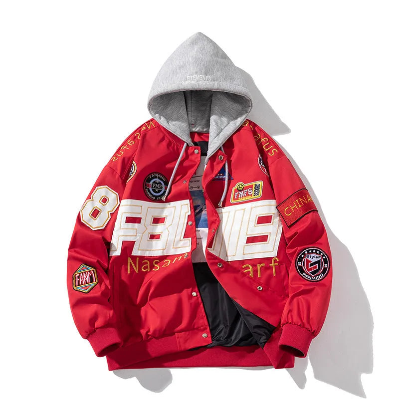 Black loose-fit motorcycle baseball jacket with detachable hood on a hanger