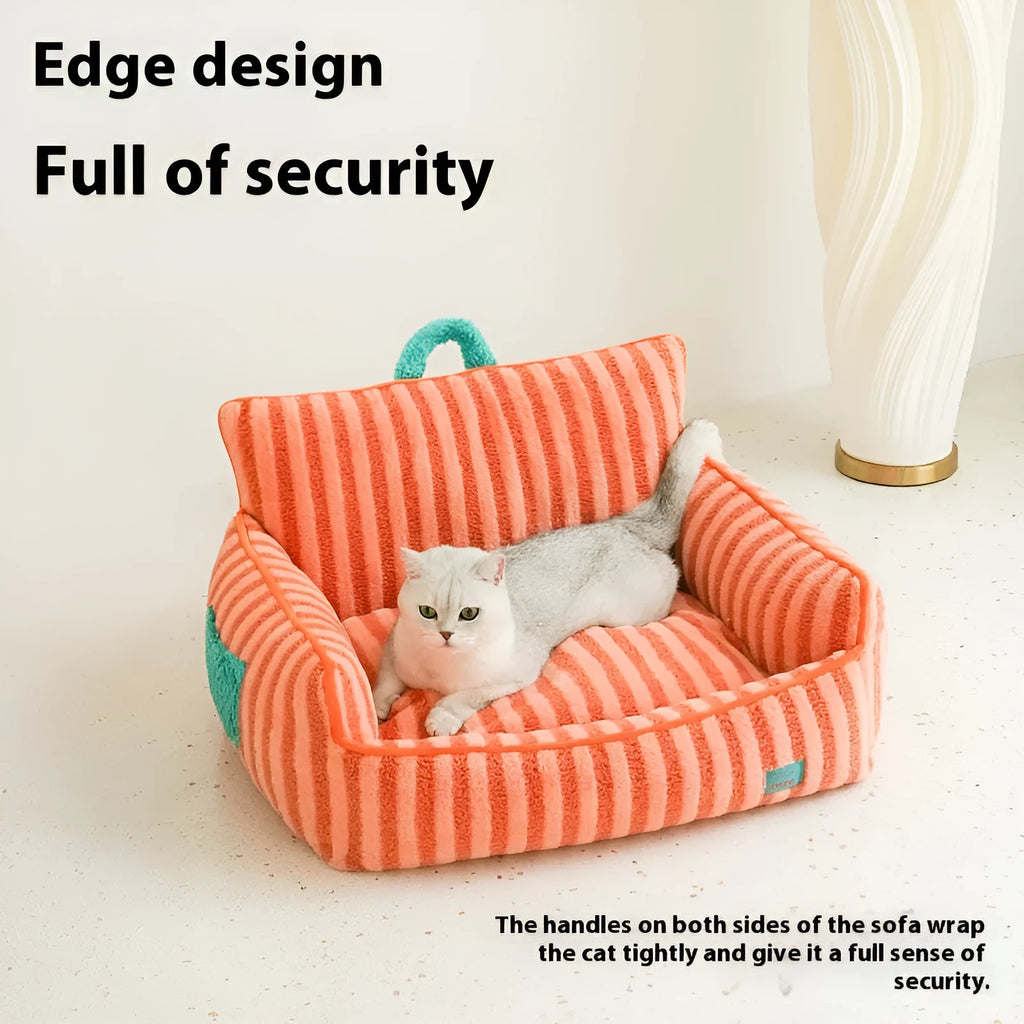 Striped orange plush pet bed for dogs or cats with a removable washable cover.