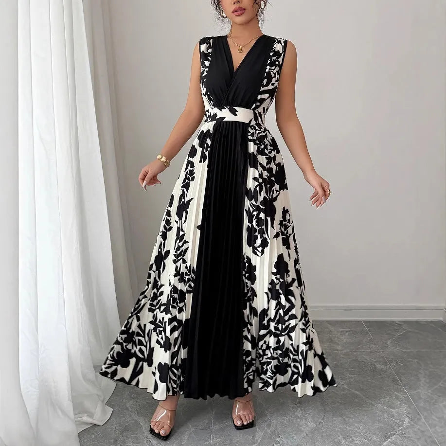 Sleeveless floral print colour-block midi dress with V-neck and high waist, in black polyester