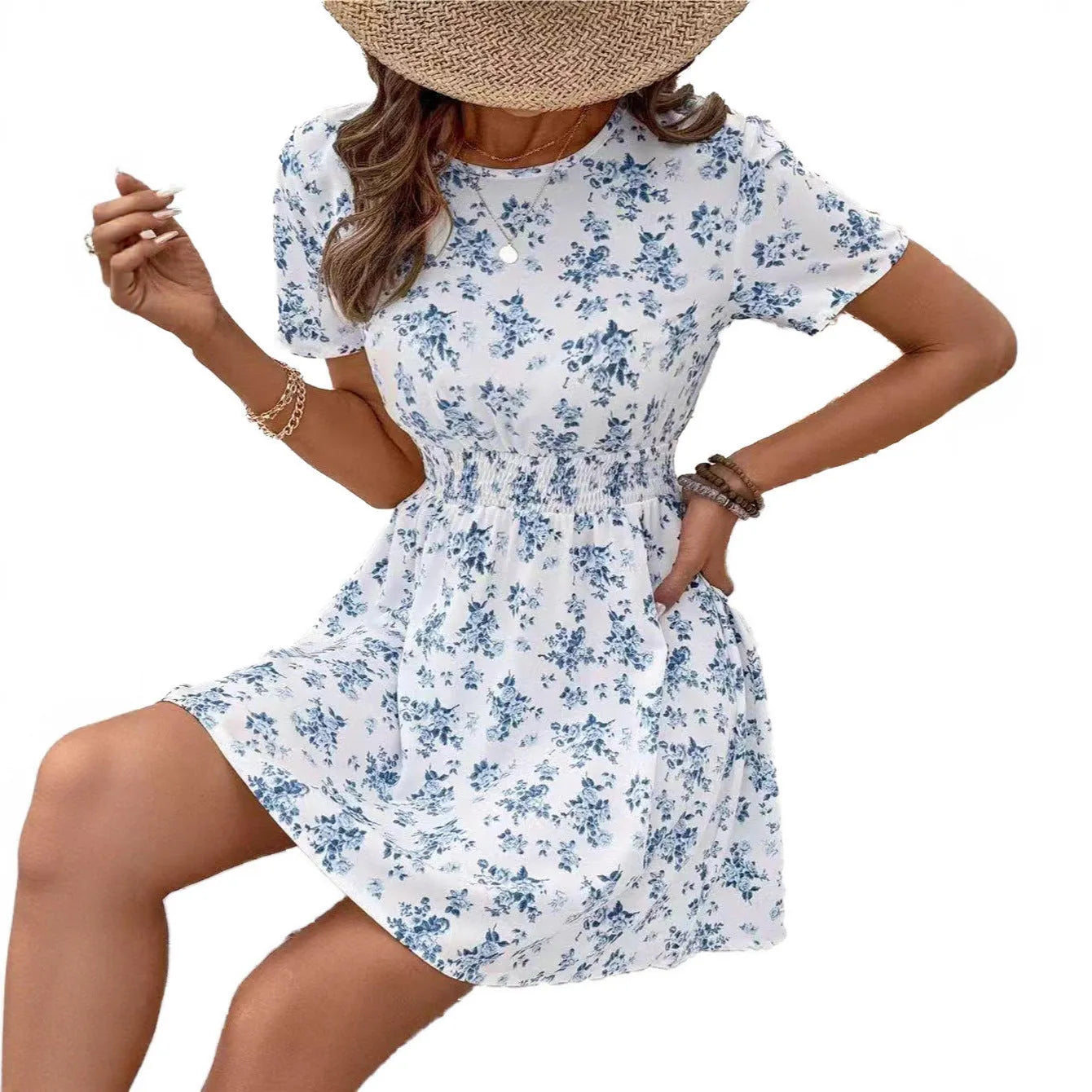 Light blue A-line casual dress with high waist and regular sleeves on a hanger.