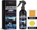 Car interior restoration spray kit with 100ml PET bottle, microfibre towel, and sponge.