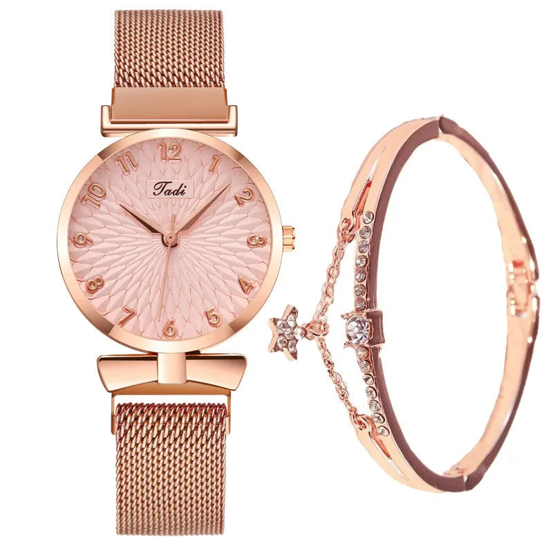 Women's quartz watch with rose pink gold bracelet, round 26mm dial, mineral glass mirror, and pin buckle