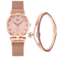 Women's quartz watch with rose pink gold bracelet, round 26mm dial, mineral glass mirror, and pin buckle