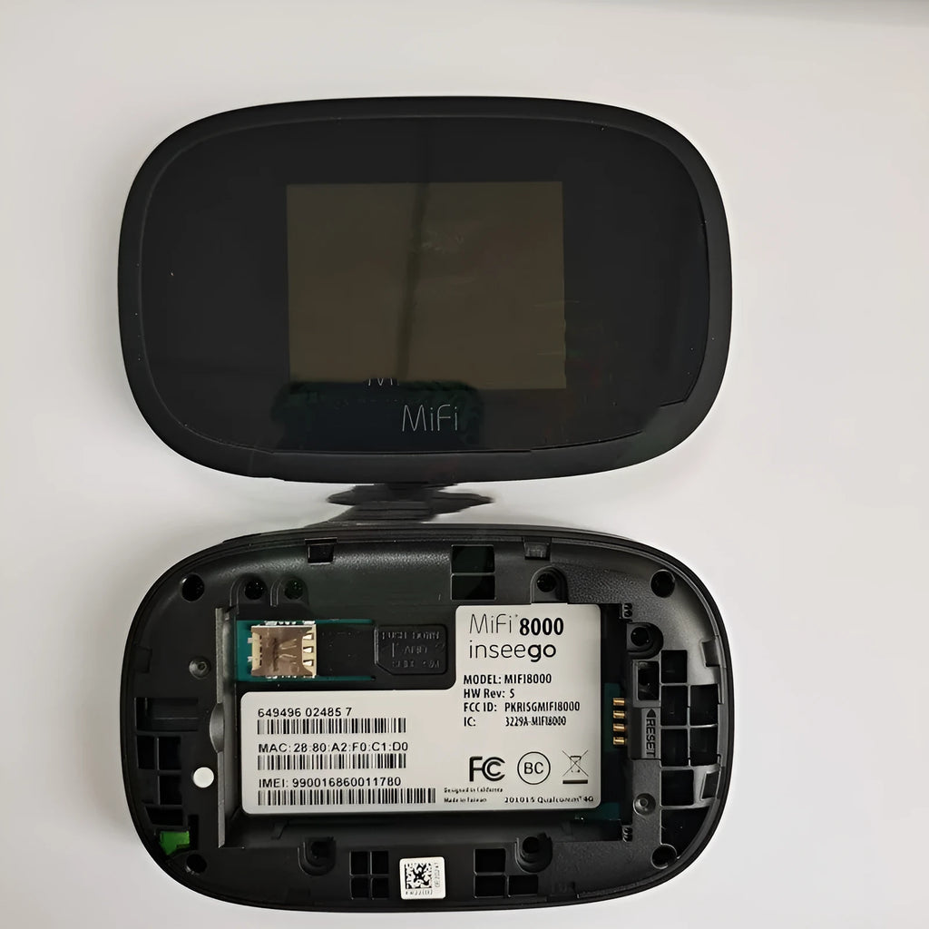 Black portable 4G wireless router with status lights, shown next to a SIM card and USB cable