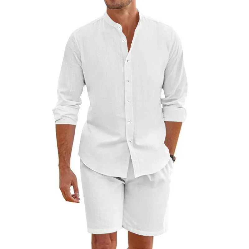 Men's dark gray linen-blend short sleeve shirt and matching drawstring shorts set for summer