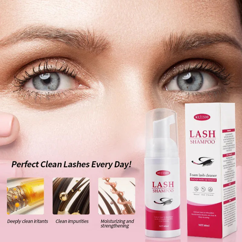 60ml bottle of lash shampoo mousse eyelash cleaning solution with a pump dispenser.