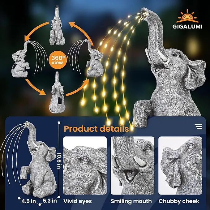 Resin elephant garden statue with integrated LED light strip outdoors.