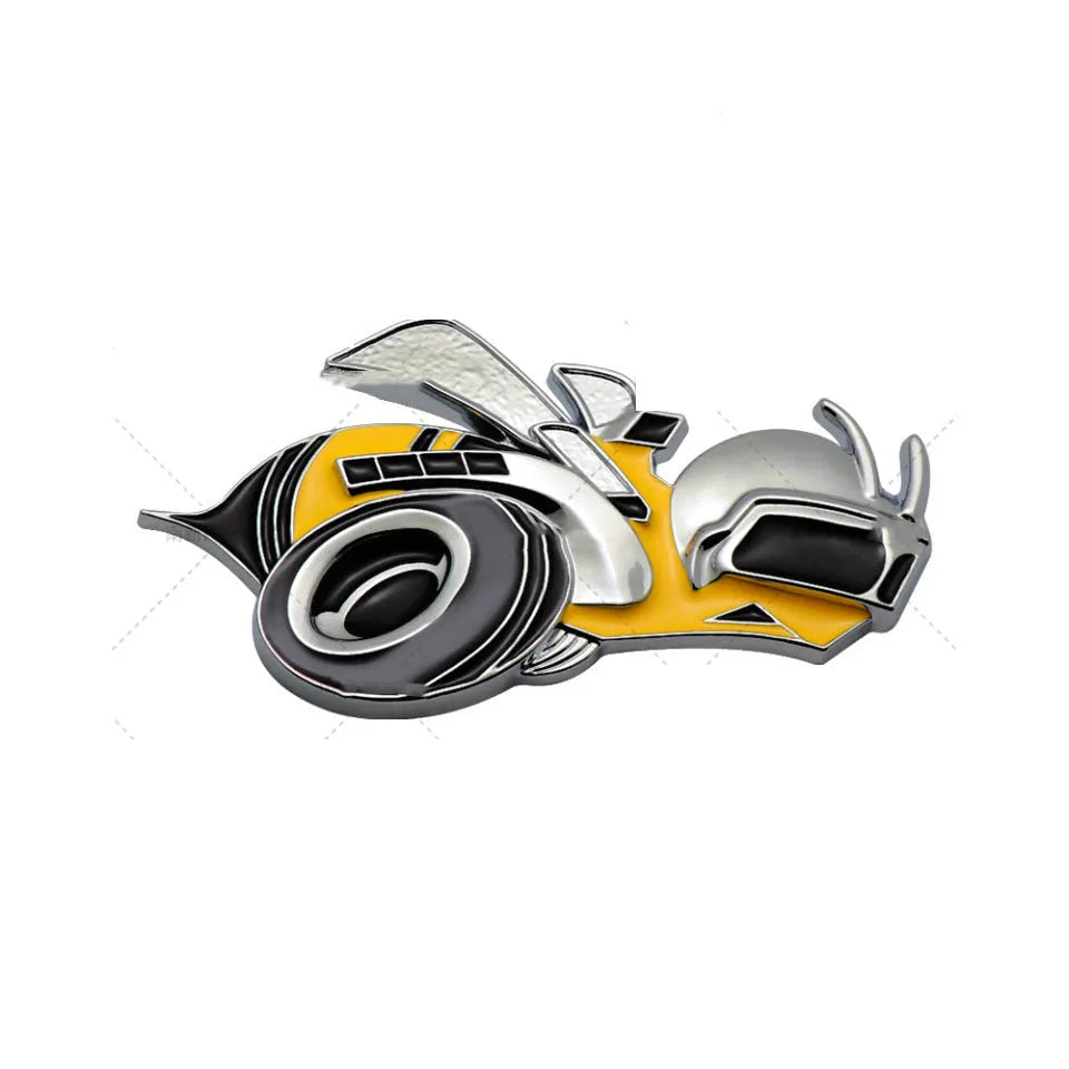 Pair of large zinc alloy Big Bee car bumper stickers showing front design and colour options.