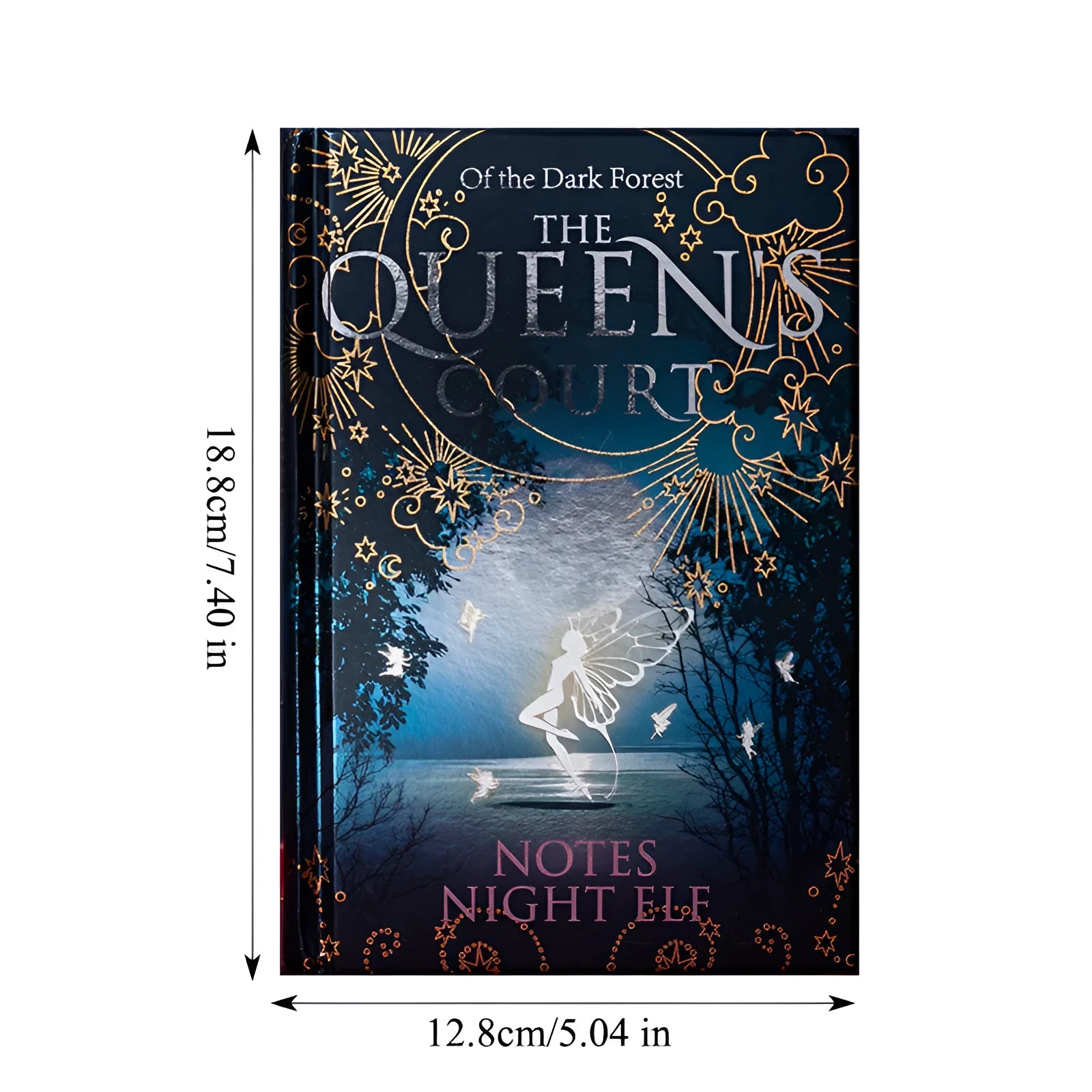 Blue and purple luminous hardcover A5 notebook with full-colour illustrated pages open.