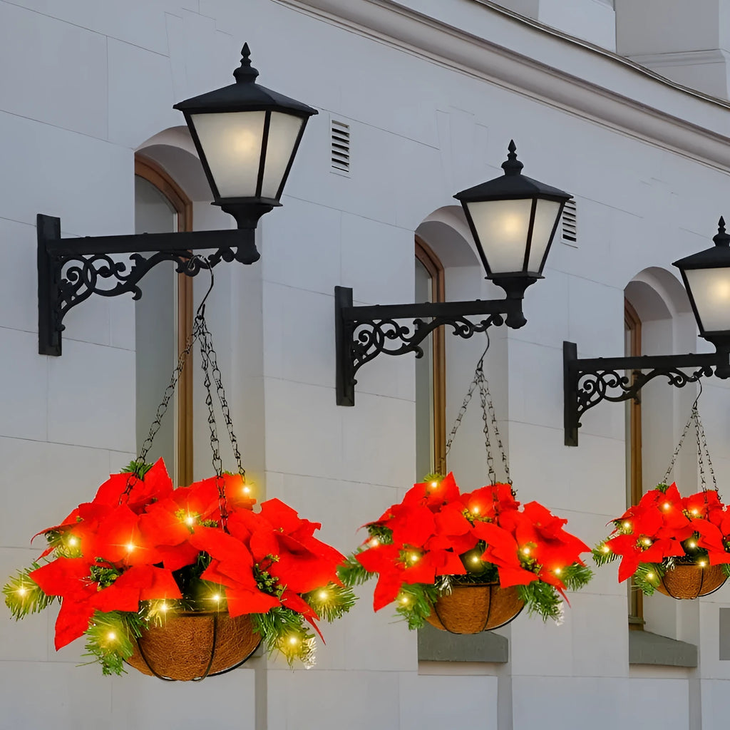 Red artificial Christmas flower hanging basket wall decoration with pre-assembled floral arrangement