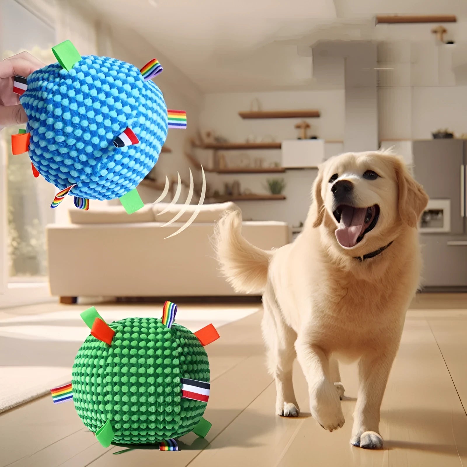 Blue and yellow pineapple lattice pattern dog ball, approximately 17cm in diameter, on a plain background.