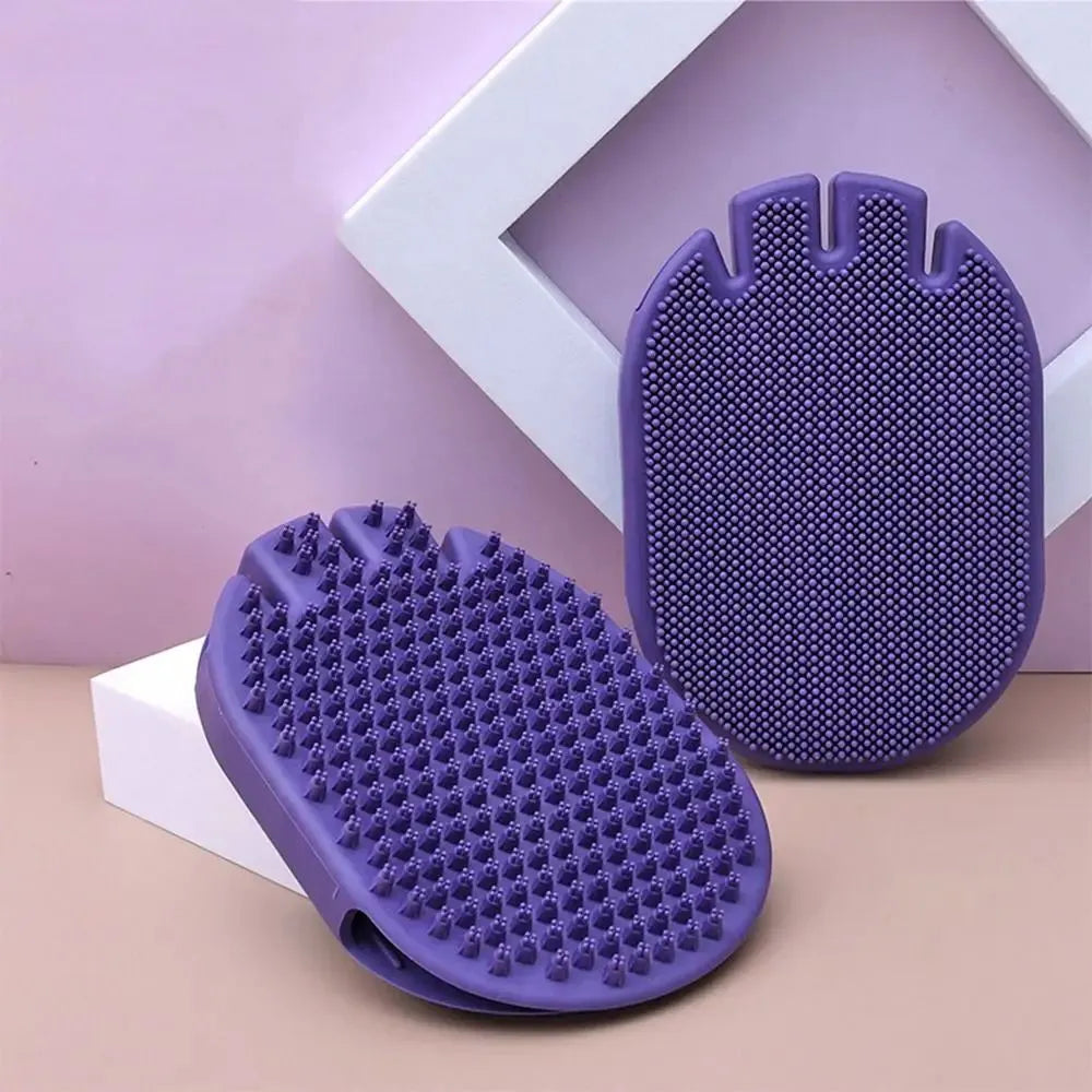 Purple dual-sided pet shampoo massage brush with soft TPR bristles and ergonomic handle
