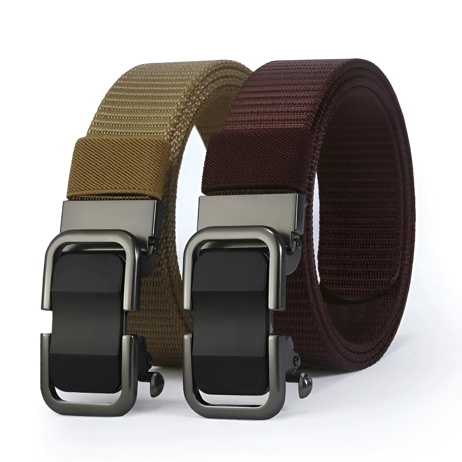 Men's nylon canvas belt with alloy buckle showing multiple colour options including blue, khaki and black