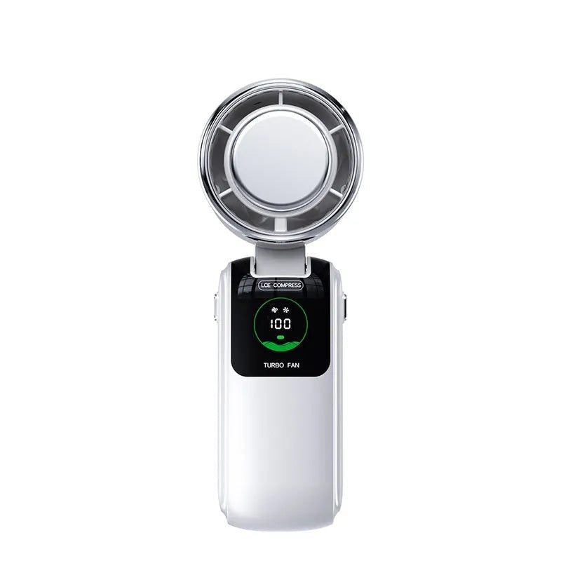 Blue handheld folding electric fan with USB charging port and adjustable speed settings.