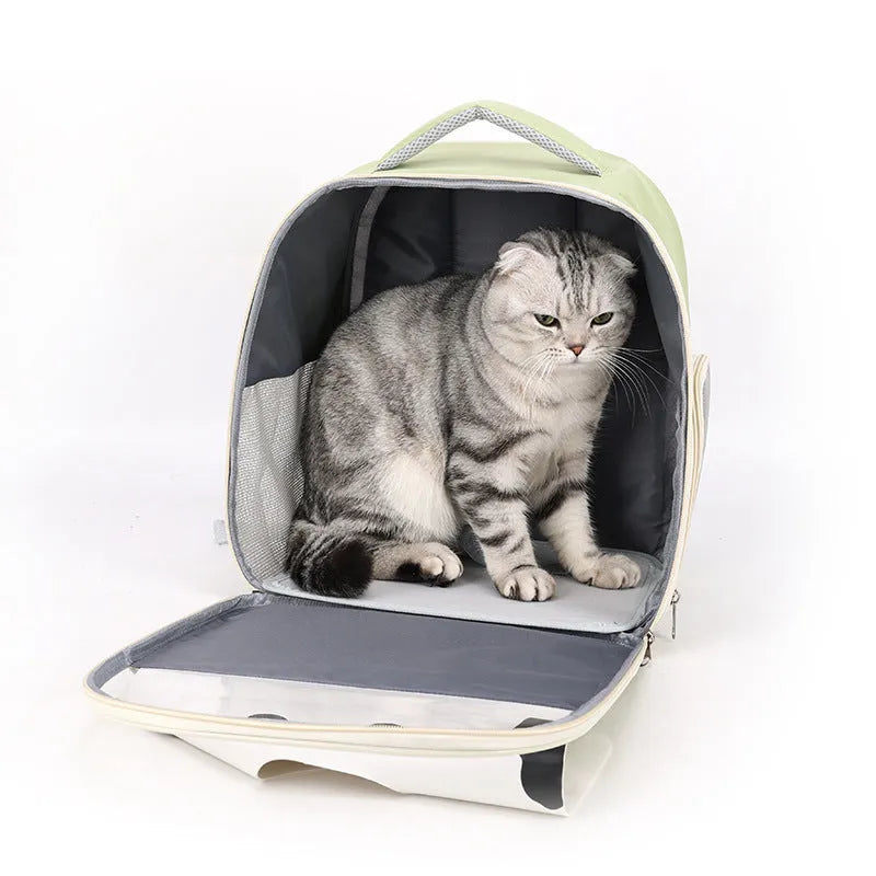 Large capacity portable pet backpack in PU PVC, available in pink, gray, beige, blue, green, for outdoor travel with cats and dogs