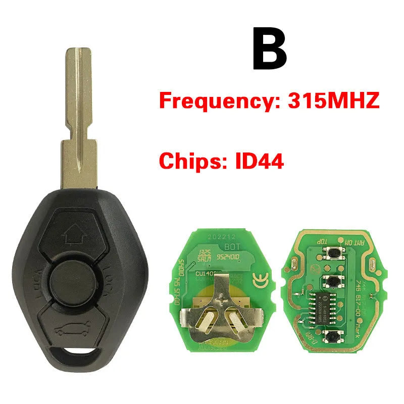 BMW EWS three-button straight remote key with ID44 transponder chip and HU58 blade.