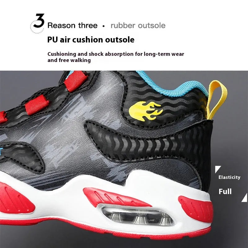 Children's rotating button basketball shoes in synthetic leather, showing waterproof design and colour options.