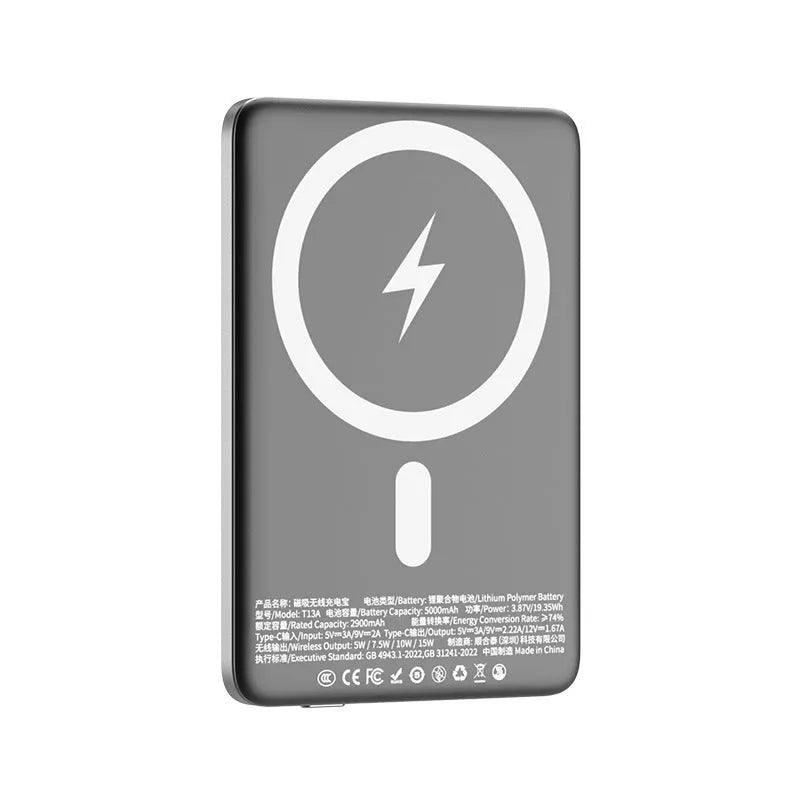 Gun gray magnetic wireless power bank with ultra-thin alloy design showing compact dimensions
