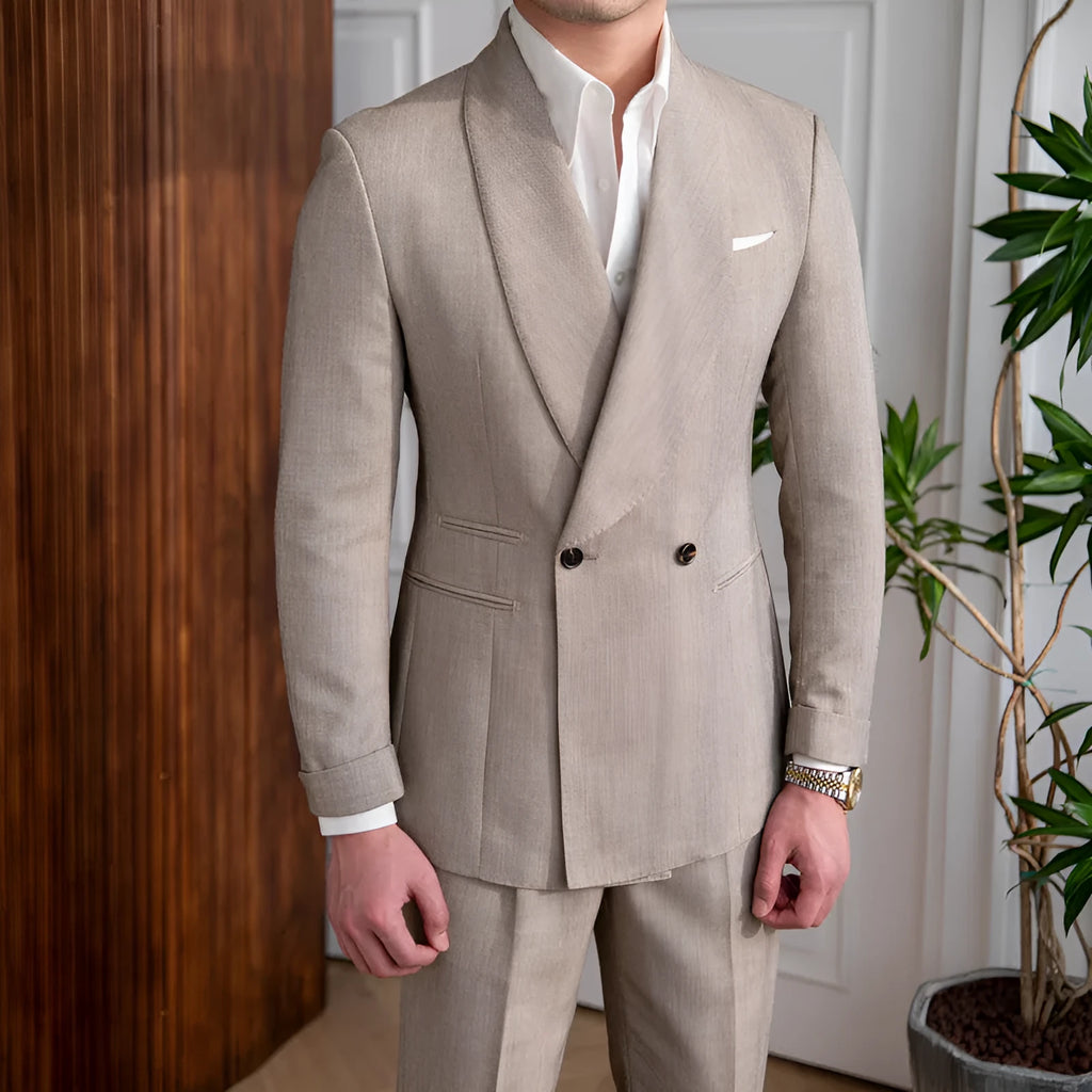 Men's light coffee double-breasted tuxedo suit jacket with notched lapels on a plain background