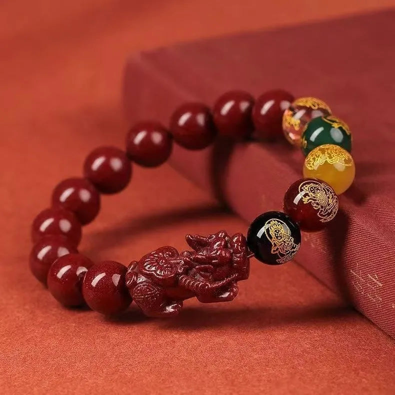 Cinnabar Five Gods Of Wealth bracelet with Pixiu animal charm in national style.