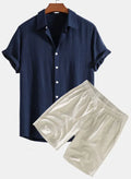 Men's solid colour casual shorts suit set with short-sleeved shirt and matching shorts on a hanger