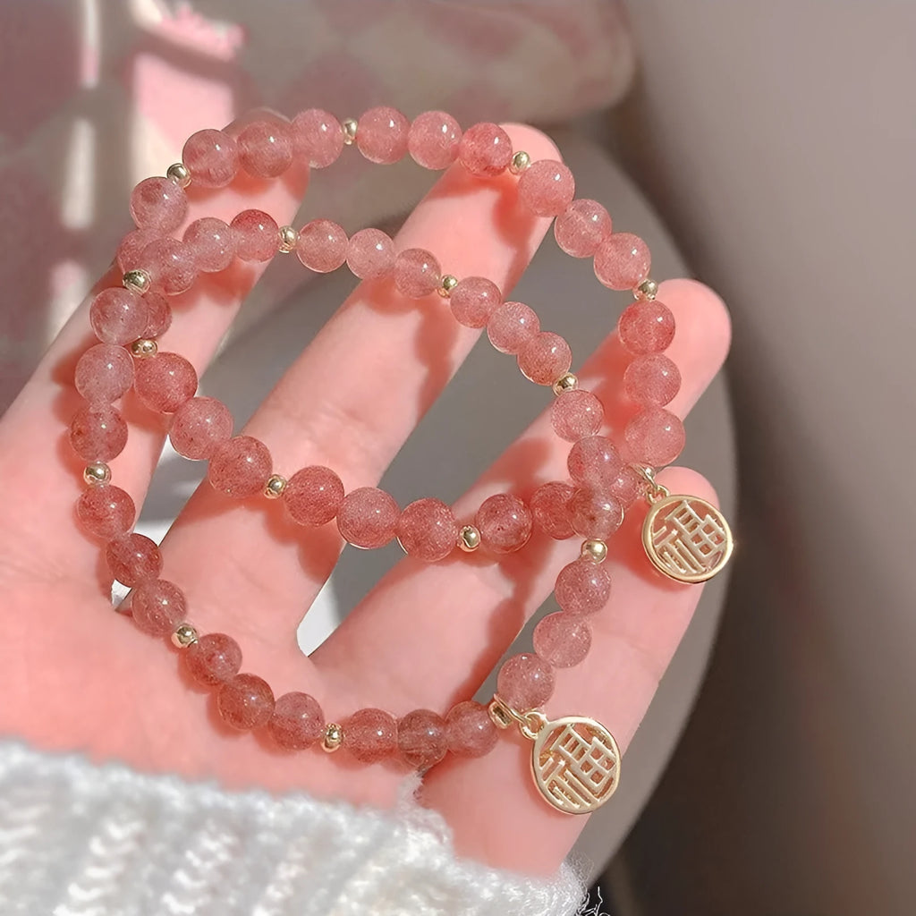 Handmade strawberry quartz glass bracelet in New Chinese style with adjustable universal wrist size