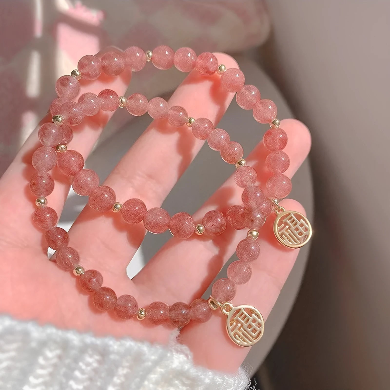 Handmade strawberry quartz glass bracelet in New Chinese style with adjustable universal wrist size