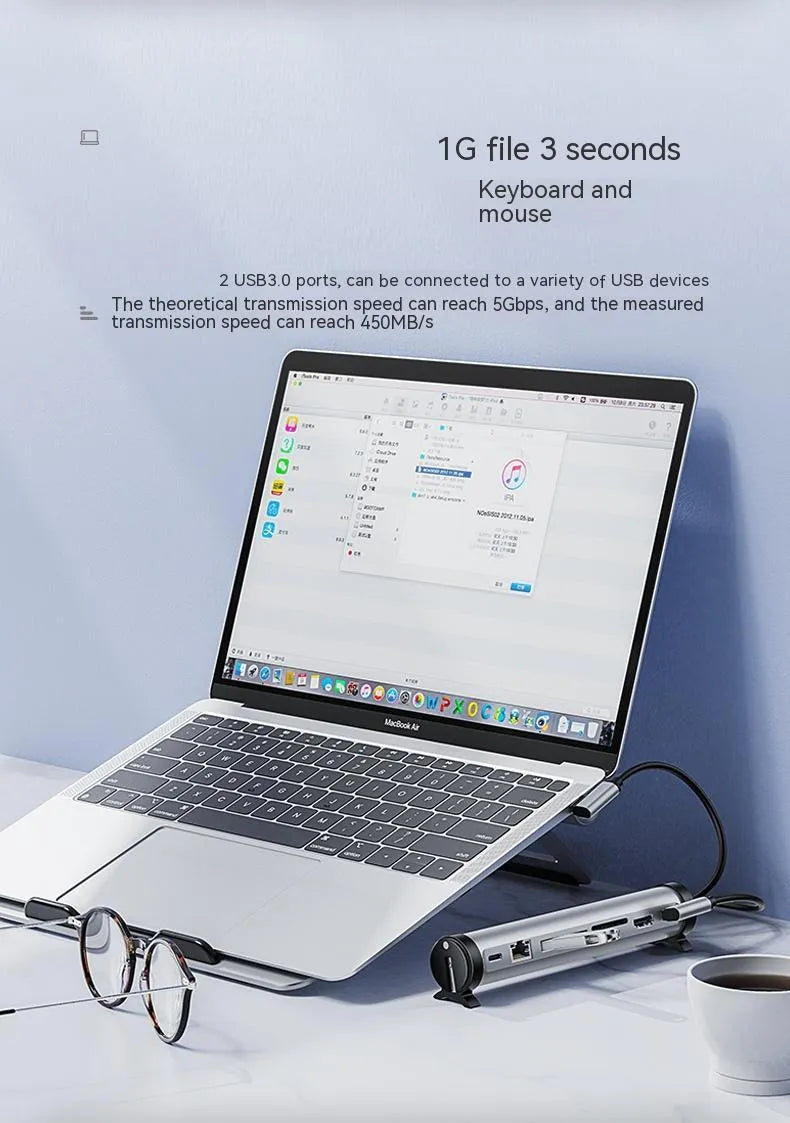 Aluminum alloy notebook docking station with bracket stand, showing USB 3.0 ports, USB-C PD port, and a 0.4m cable.